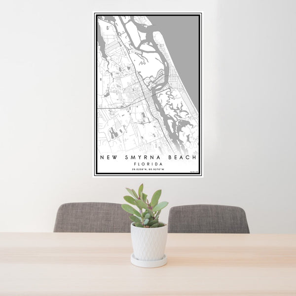 24x36 New Smyrna Beach Florida Map Print Portrait Orientation in Classic Style Behind 2 Chairs Table and Potted Plant