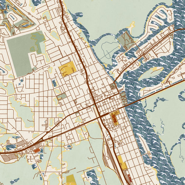New Smyrna Beach Florida Map Print in Woodblock Style Zoomed In Close Up Showing Details