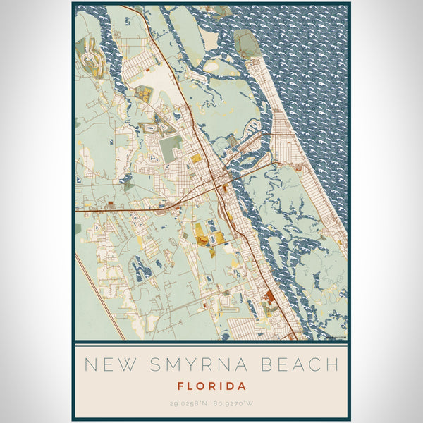 New Smyrna Beach Florida Map Print Portrait Orientation in Woodblock Style With Shaded Background