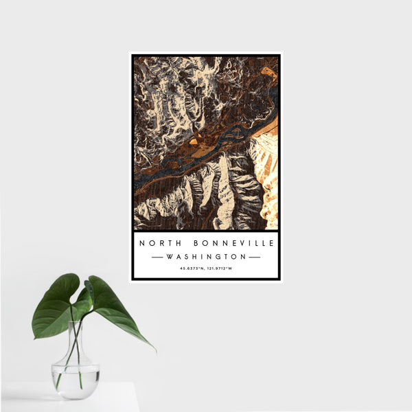 16x24 North Bonneville Washington Map Print Portrait Orientation in Ember Style With Tropical Plant Leaves in Water