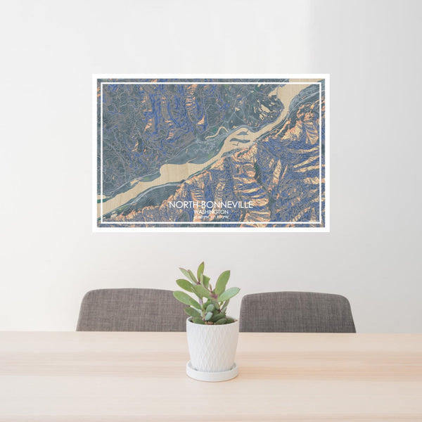 24x36 North Bonneville Washington Map Print Lanscape Orientation in Afternoon Style Behind 2 Chairs Table and Potted Plant