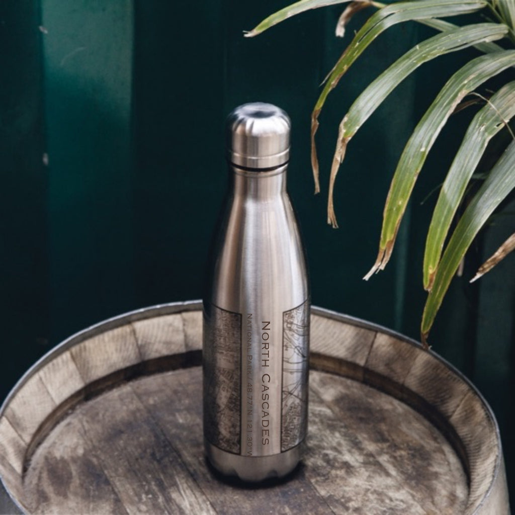 North Cascades National Park Custom Engraved City Map Inscription Coordinates on 17oz Stainless Steel Insulated Cola Bottle