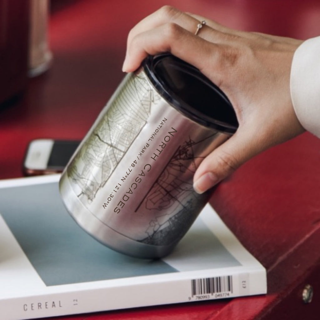 North Cascades National Park Custom Engraved City Map Inscription Coordinates on 10oz Stainless Steel Insulated Cup with Sipping Lid