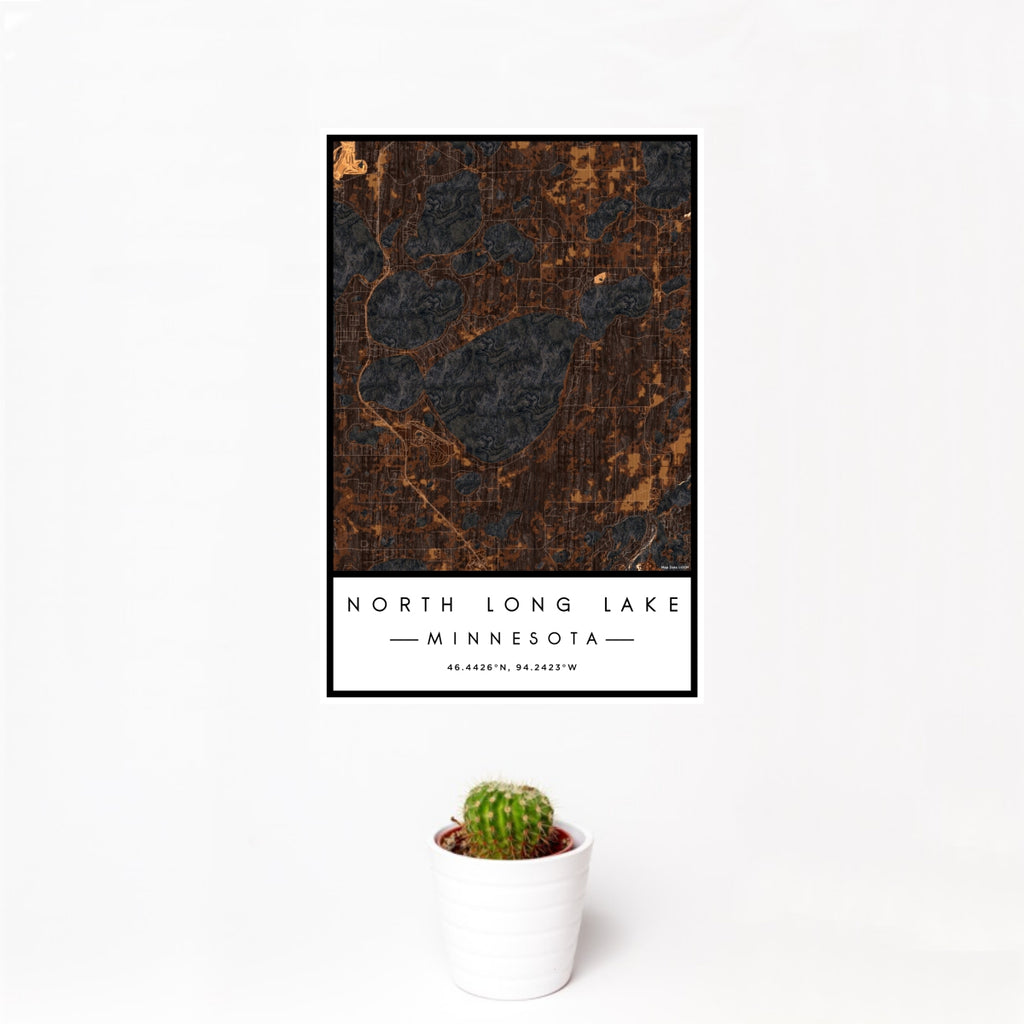12x18 North Long Lake Minnesota Map Print Portrait Orientation in Ember Style With Small Cactus Plant in White Planter