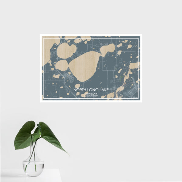 16x24 North Long Lake Minnesota Map Print Landscape Orientation in Afternoon Style With Tropical Plant Leaves in Water