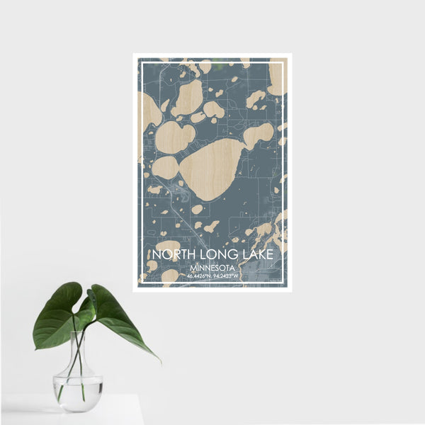 16x24 North Long Lake Minnesota Map Print Portrait Orientation in Afternoon Style With Tropical Plant Leaves in Water