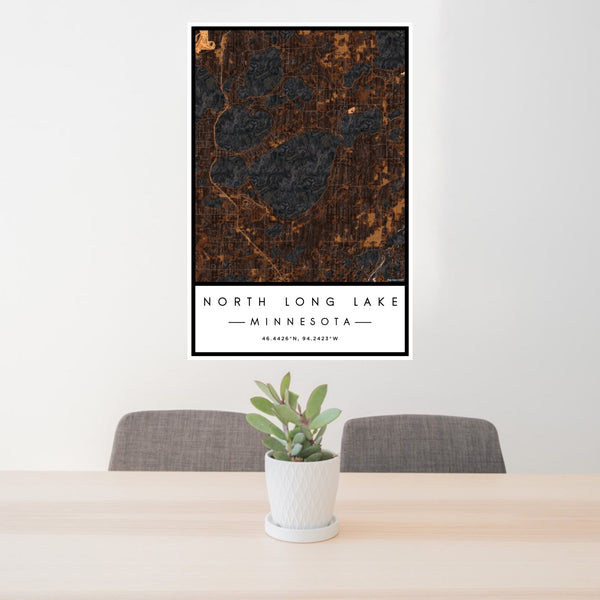 24x36 North Long Lake Minnesota Map Print Portrait Orientation in Ember Style Behind 2 Chairs Table and Potted Plant