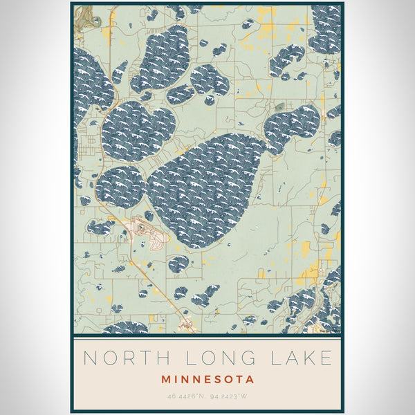 North Long Lake Minnesota Map Print Portrait Orientation in Woodblock Style With Shaded Background