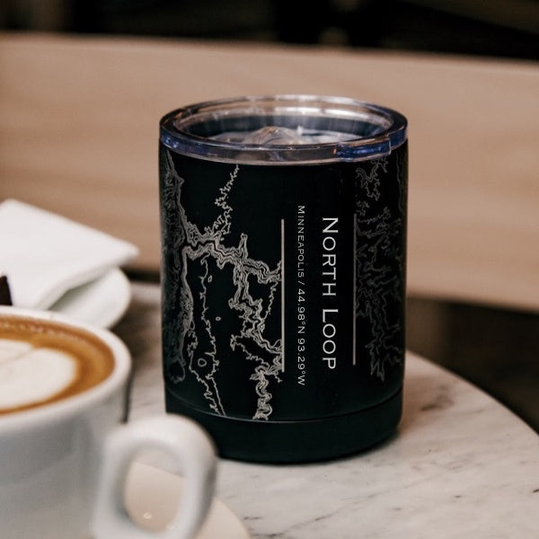 North Loop Minneapolis Custom Engraved City Map Inscription Coordinates on 10oz Stainless Steel Insulated Cup with Sliding Lid in Black