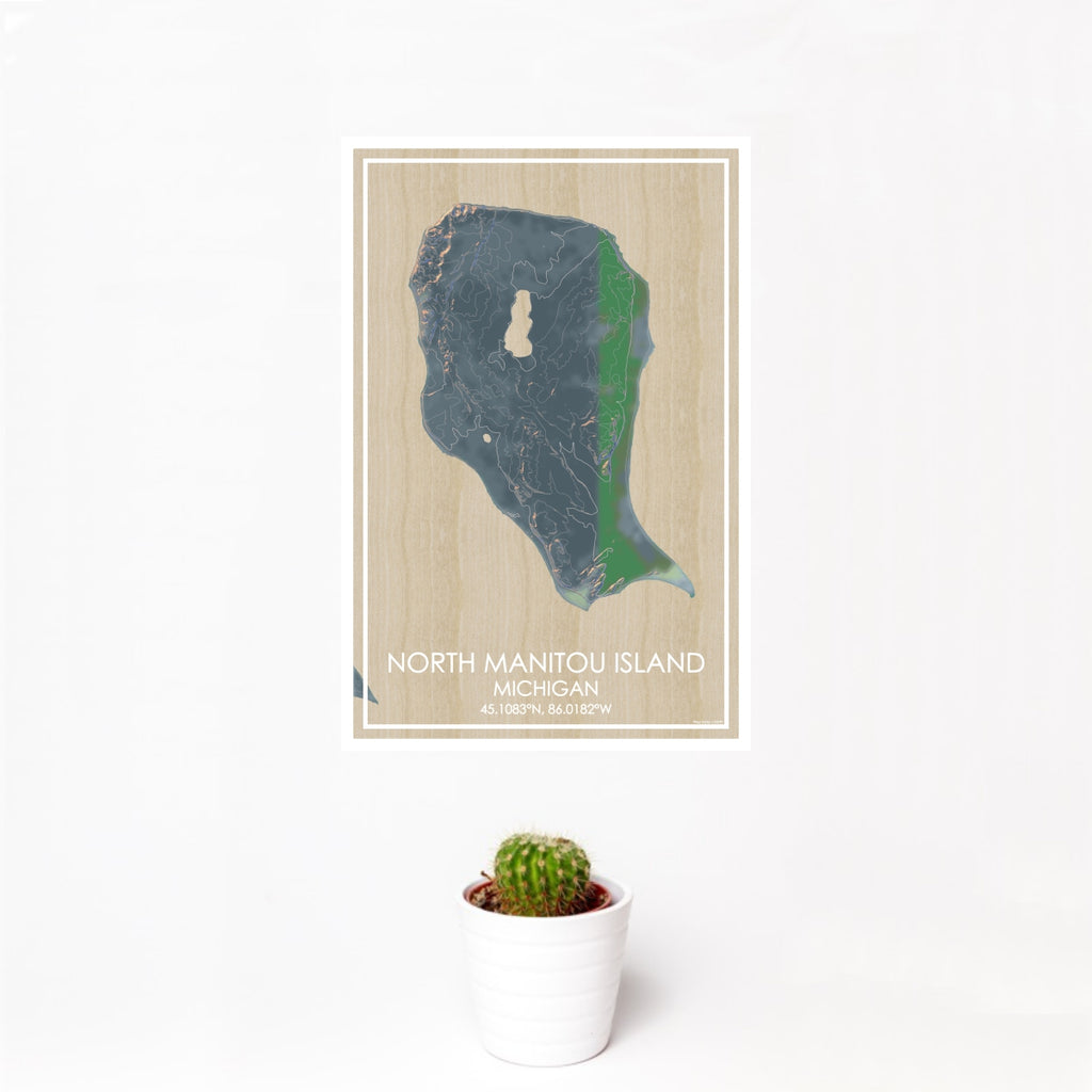 12x18 North Manitou Island Michigan Map Print Portrait Orientation in Afternoon Style With Small Cactus Plant in White Planter