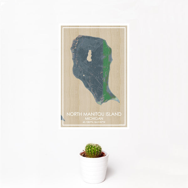 12x18 North Manitou Island Michigan Map Print Portrait Orientation in Afternoon Style With Small Cactus Plant in White Planter