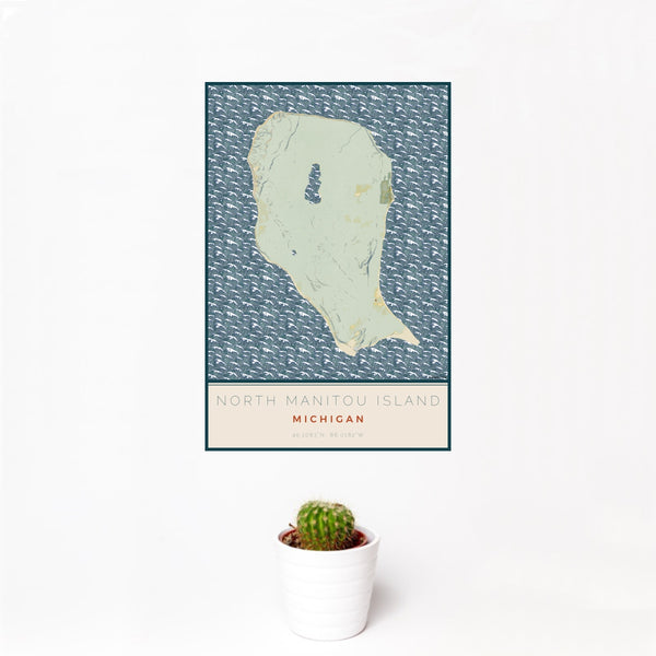 12x18 North Manitou Island Michigan Map Print Portrait Orientation in Woodblock Style With Small Cactus Plant in White Planter
