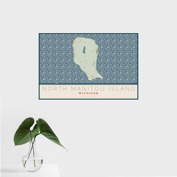 16x24 North Manitou Island Michigan Map Print Landscape Orientation in Woodblock Style With Tropical Plant Leaves in Water
