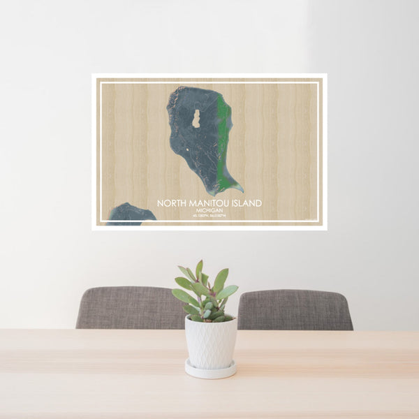 24x36 North Manitou Island Michigan Map Print Lanscape Orientation in Afternoon Style Behind 2 Chairs Table and Potted Plant
