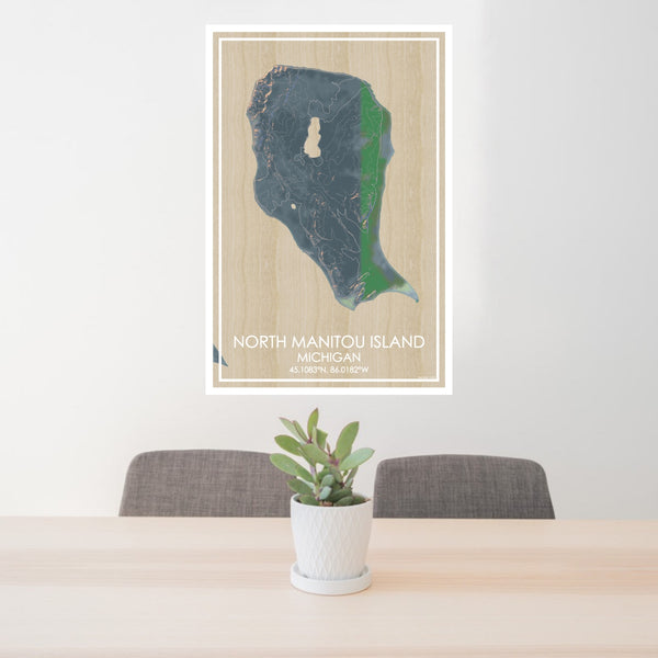24x36 North Manitou Island Michigan Map Print Portrait Orientation in Afternoon Style Behind 2 Chairs Table and Potted Plant