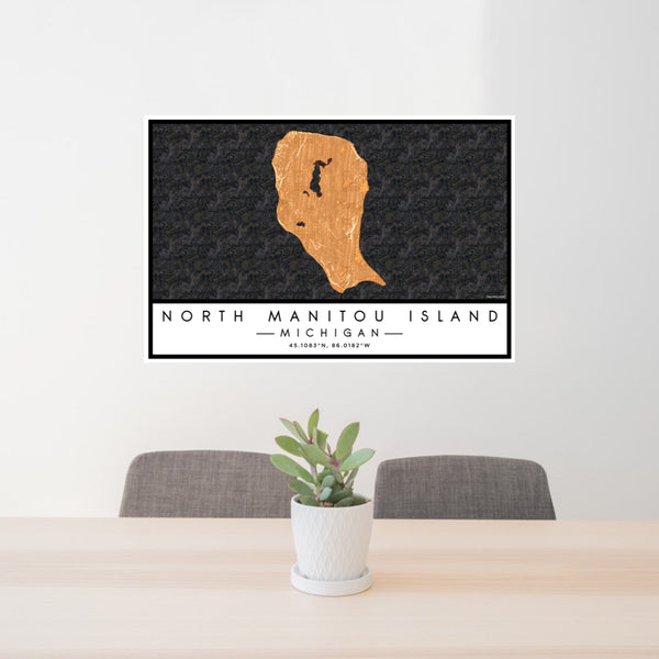 24x36 North Manitou Island Michigan Map Print Lanscape Orientation in Ember Style Behind 2 Chairs Table and Potted Plant