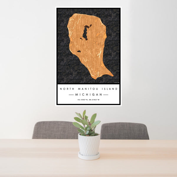 24x36 North Manitou Island Michigan Map Print Portrait Orientation in Ember Style Behind 2 Chairs Table and Potted Plant