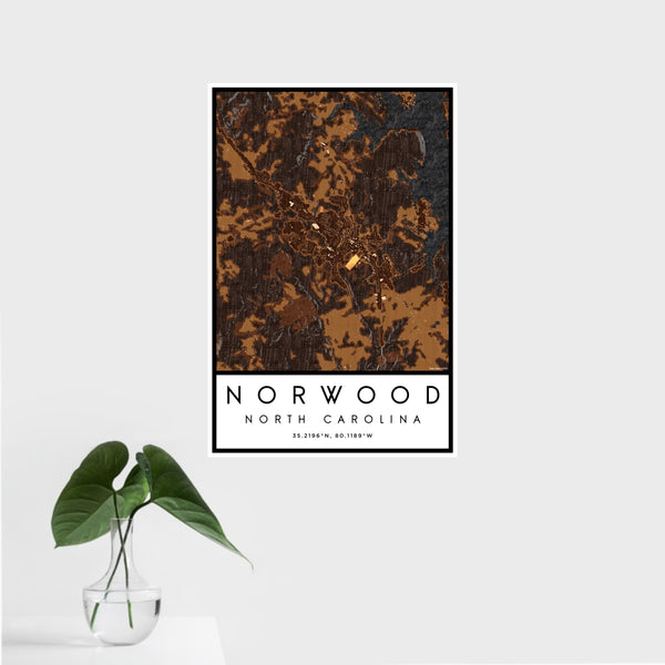 16x24 Norwood North Carolina Map Print Portrait Orientation in Ember Style With Tropical Plant Leaves in Water