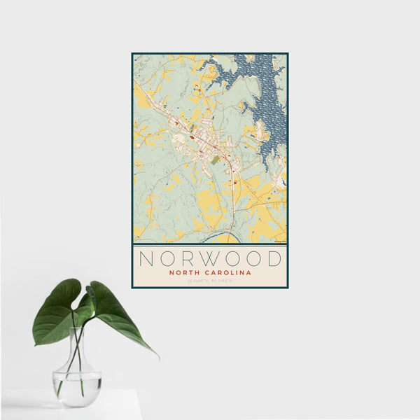 16x24 Norwood North Carolina Map Print Portrait Orientation in Woodblock Style With Tropical Plant Leaves in Water
