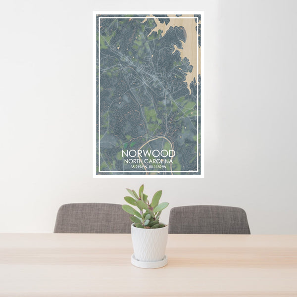 24x36 Norwood North Carolina Map Print Portrait Orientation in Afternoon Style Behind 2 Chairs Table and Potted Plant