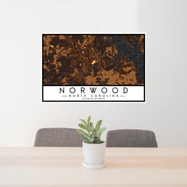 24x36 Norwood North Carolina Map Print Lanscape Orientation in Ember Style Behind 2 Chairs Table and Potted Plant