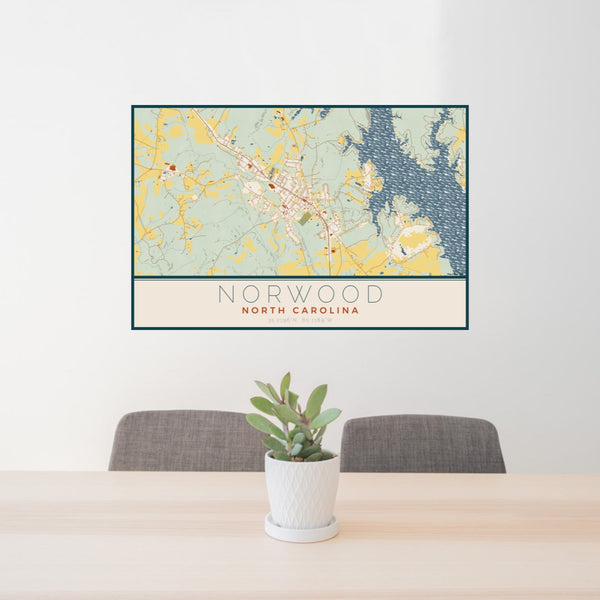 24x36 Norwood North Carolina Map Print Lanscape Orientation in Woodblock Style Behind 2 Chairs Table and Potted Plant
