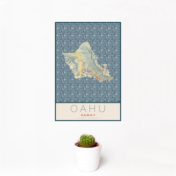 Oahu - Hawaii Map Print in Woodblock