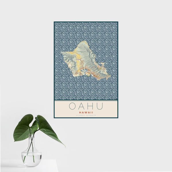 Oahu - Hawaii Map Print in Woodblock