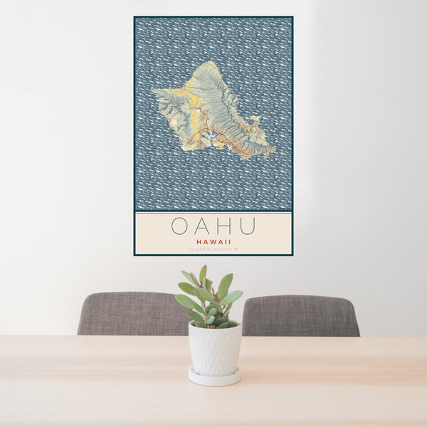 24x36 Oahu Hawaii Map Print Portrait Orientation in Woodblock Style Behind 2 Chairs Table and Potted Plant