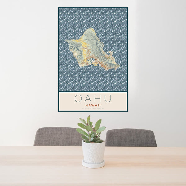 Oahu - Hawaii Map Print in Woodblock