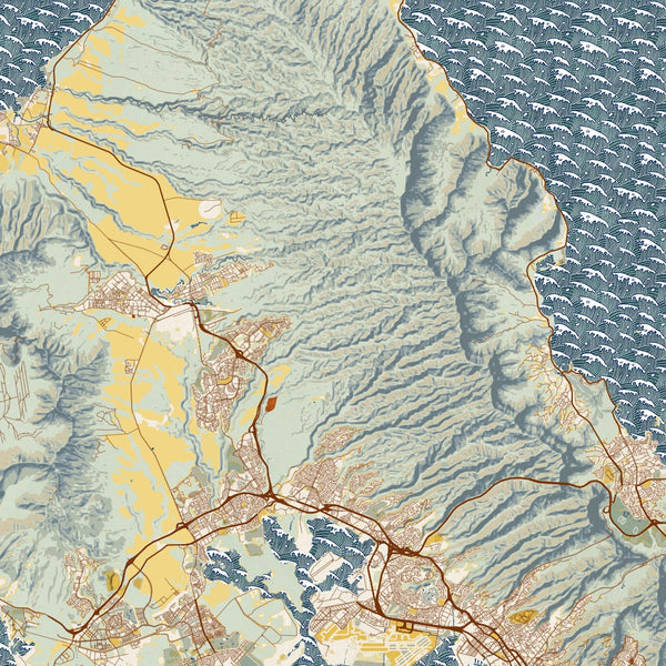 Oahu - Hawaii Map Print in Woodblock