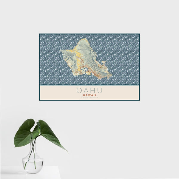 Oahu - Hawaii Map Print in Woodblock