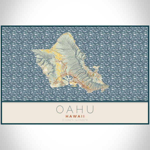Oahu - Hawaii Map Print in Woodblock