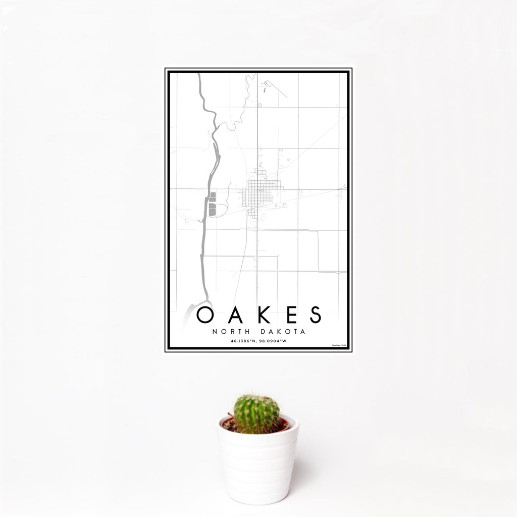 12x18 Oakes North Dakota Map Print Portrait Orientation in Classic Style With Small Cactus Plant in White Planter