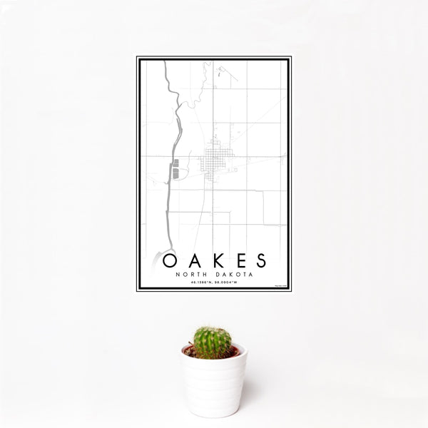 12x18 Oakes North Dakota Map Print Portrait Orientation in Classic Style With Small Cactus Plant in White Planter