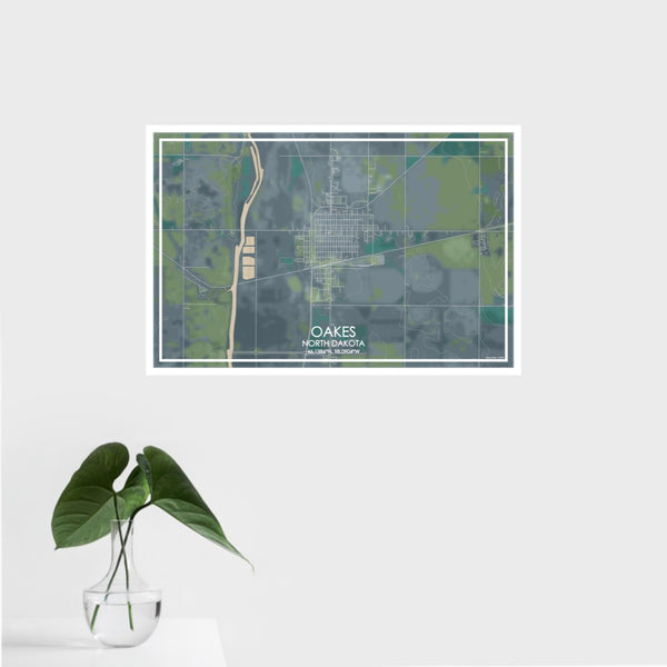 16x24 Oakes North Dakota Map Print Landscape Orientation in Afternoon Style With Tropical Plant Leaves in Water