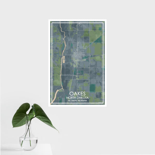 16x24 Oakes North Dakota Map Print Portrait Orientation in Afternoon Style With Tropical Plant Leaves in Water