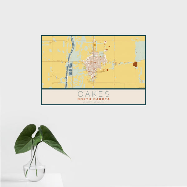 16x24 Oakes North Dakota Map Print Landscape Orientation in Woodblock Style With Tropical Plant Leaves in Water