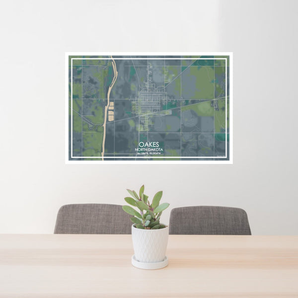 24x36 Oakes North Dakota Map Print Lanscape Orientation in Afternoon Style Behind 2 Chairs Table and Potted Plant