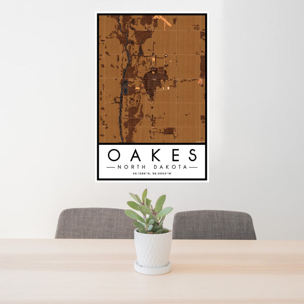 24x36 Oakes North Dakota Map Print Portrait Orientation in Ember Style Behind 2 Chairs Table and Potted Plant