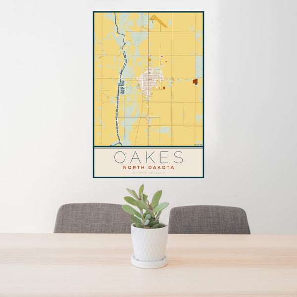 24x36 Oakes North Dakota Map Print Portrait Orientation in Woodblock Style Behind 2 Chairs Table and Potted Plant