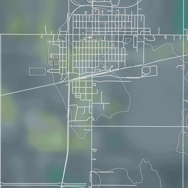 Oakes North Dakota Map Print in Afternoon Style Zoomed In Close Up Showing Details