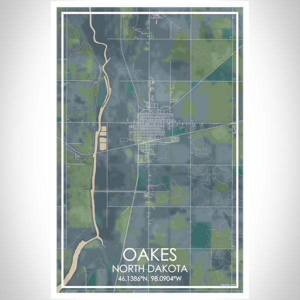 Oakes North Dakota Map Print Portrait Orientation in Afternoon Style With Shaded Background