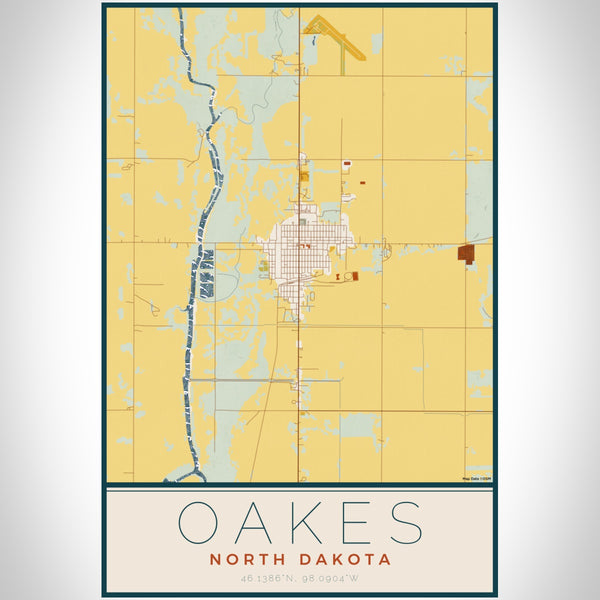Oakes North Dakota Map Print Portrait Orientation in Woodblock Style With Shaded Background