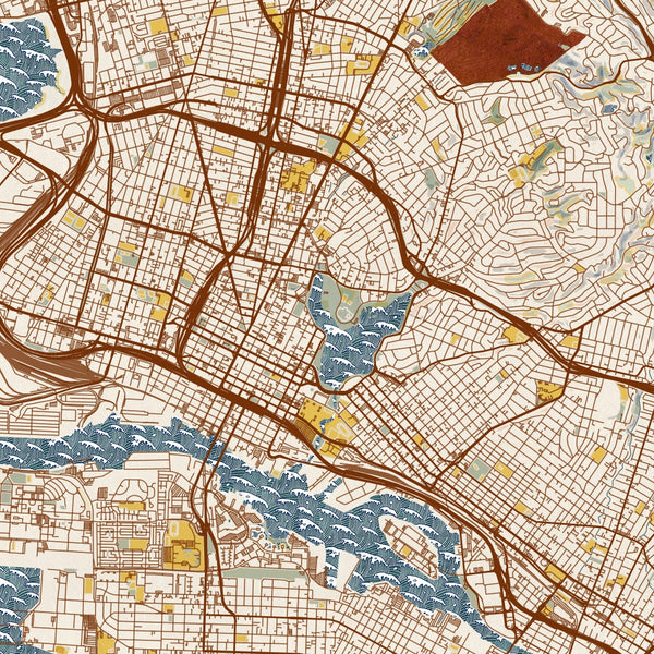 Oakland - California Map Print in Woodblock