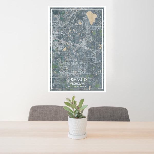 24x36 Okemos Michigan Map Print Portrait Orientation in Afternoon Style Behind 2 Chairs Table and Potted Plant