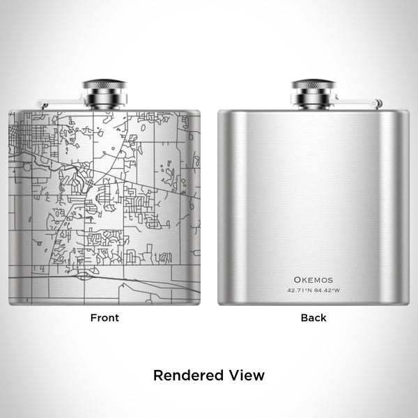 Rendered View of Okemos Michigan Map Engraving on 6oz Stainless Steel Flask