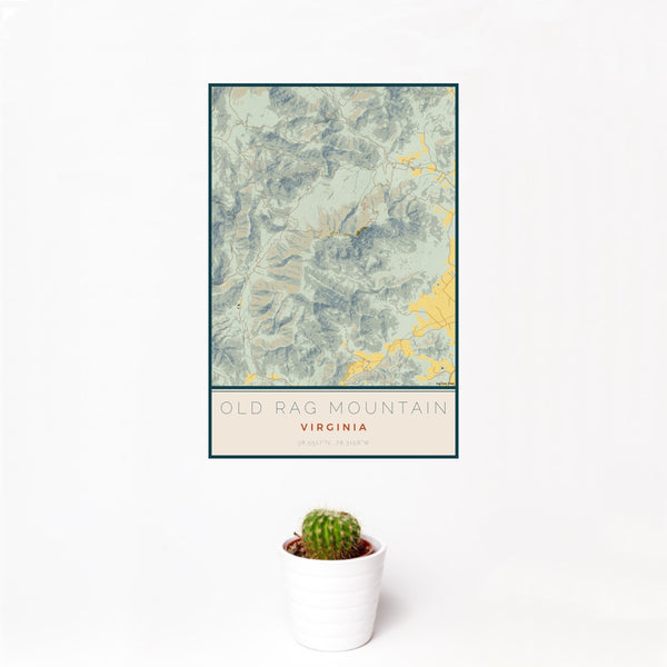 12x18 Old Rag Mountain Virginia Map Print Portrait Orientation in Woodblock Style With Small Cactus Plant in White Planter