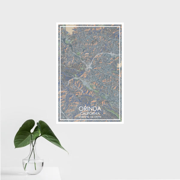 16x24 Orinda California Map Print Portrait Orientation in Afternoon Style With Tropical Plant Leaves in Water