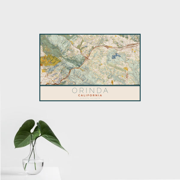 16x24 Orinda California Map Print Landscape Orientation in Woodblock Style With Tropical Plant Leaves in Water